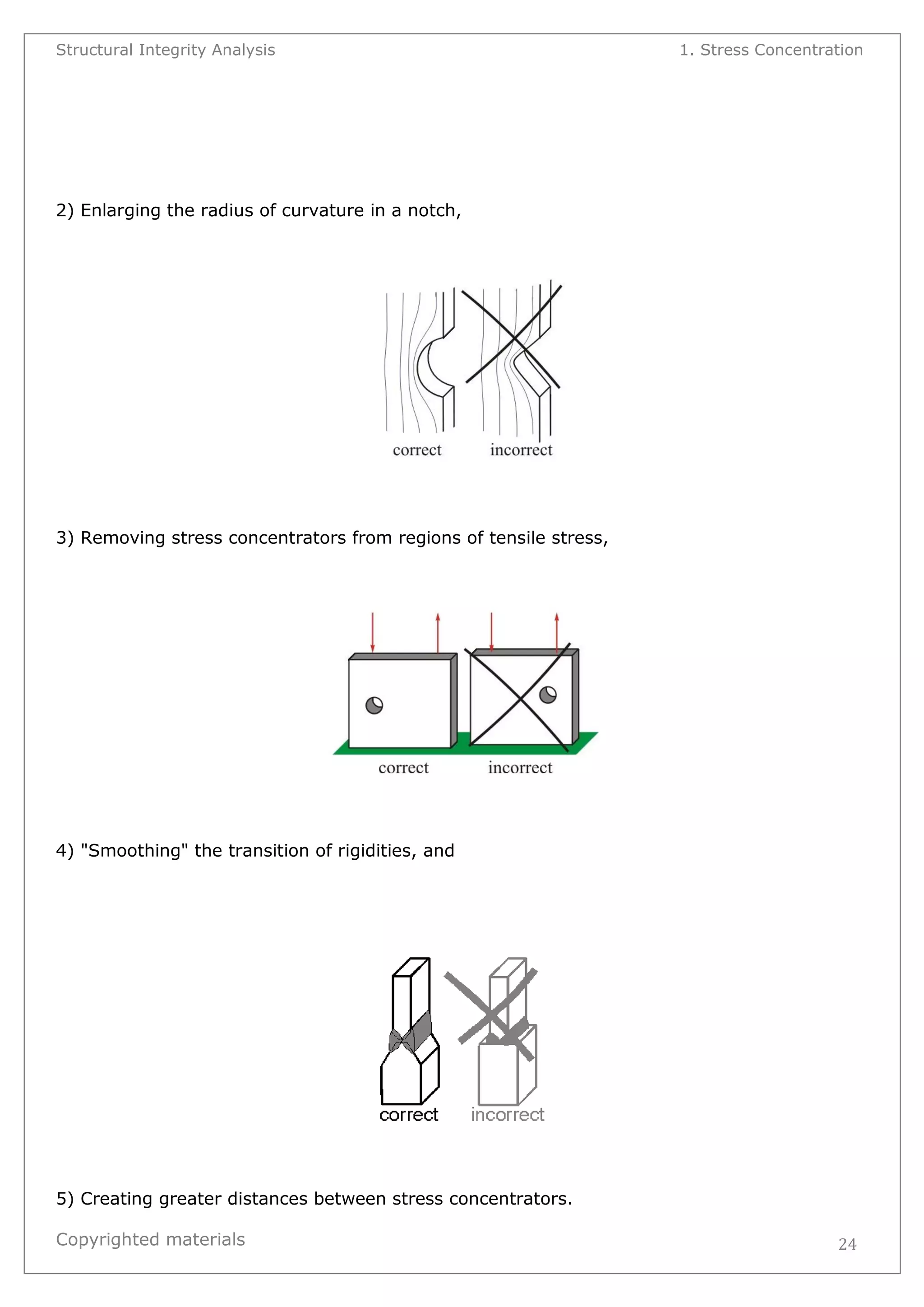Structural Integrity Analysis 1. Stress Concentration 
Copyrighted materials 
24 
2) Enlarging the radius of curvature in a notch, 
3) Removing stress concentrators from regions of tensile stress, 
4) "Smoothing" the transition of rigidities, and 
5) Creating greater distances between stress concentrators.  