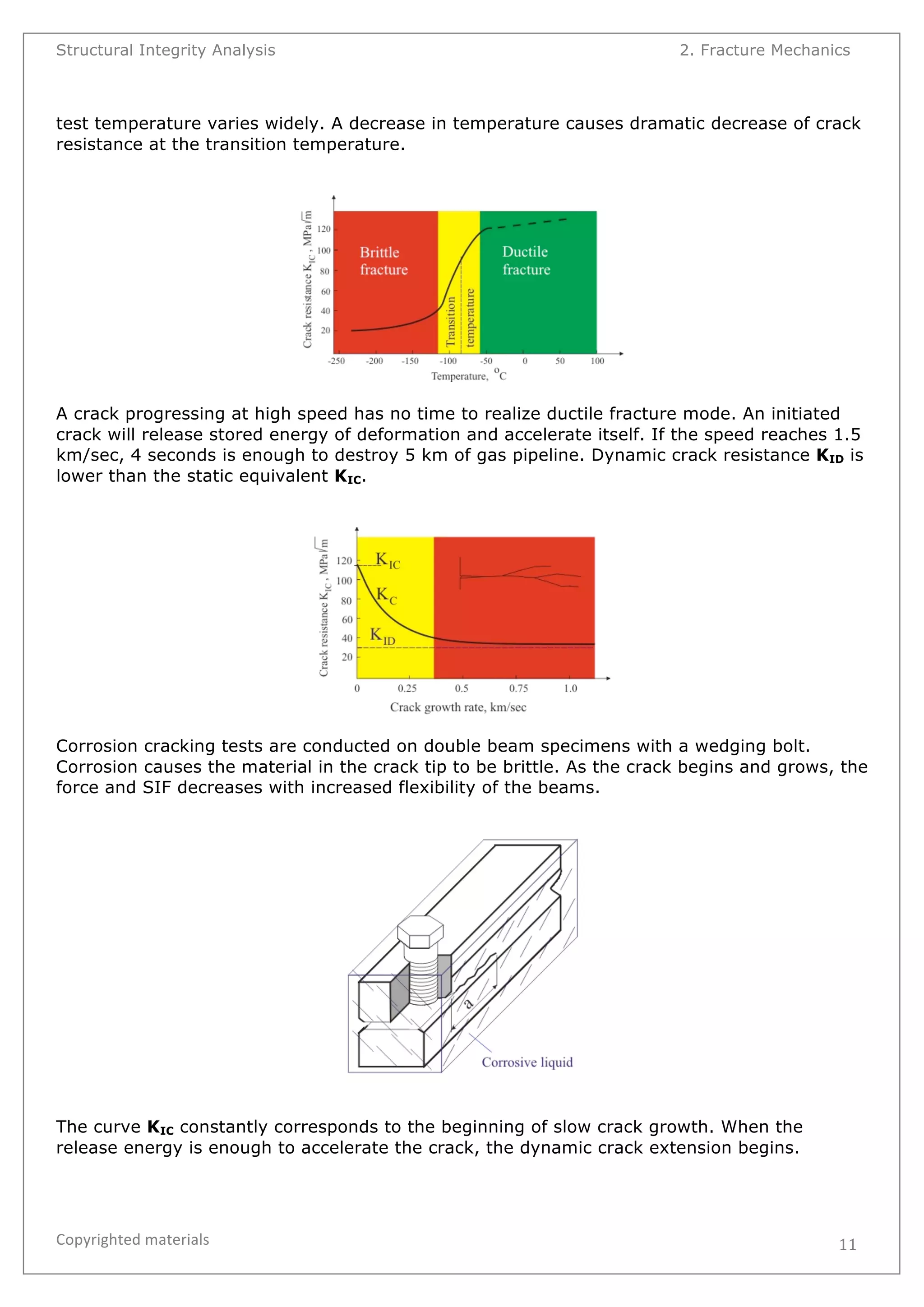 Structural Integrity Analysis 2. Fracture Mechanics 
test temperature varies widely. A decrease in temperature causes dramatic decrease of crack 
resistance at the transition temperature. 
A crack progressing at high speed has no time to realize ductile fracture mode. An initiated 
crack will release stored energy of deformation and accelerate itself. If the speed reaches 1.5 
km/sec, 4 seconds is enough to destroy 5 km of gas pipeline. Dynamic crack resistance KID is 
lower than the static equivalent KIC. 
Corrosion cracking tests are conducted on double beam specimens with a wedging bolt. 
Corrosion causes the material in the crack tip to be brittle. As the crack begins and grows, the 
force and SIF decreases with increased flexibility of the beams. 
Copyrighted 
materials 
11 
The curve KIC constantly corresponds to the beginning of slow crack growth. When the 
release energy is enough to accelerate the crack, the dynamic crack extension begins. 
 