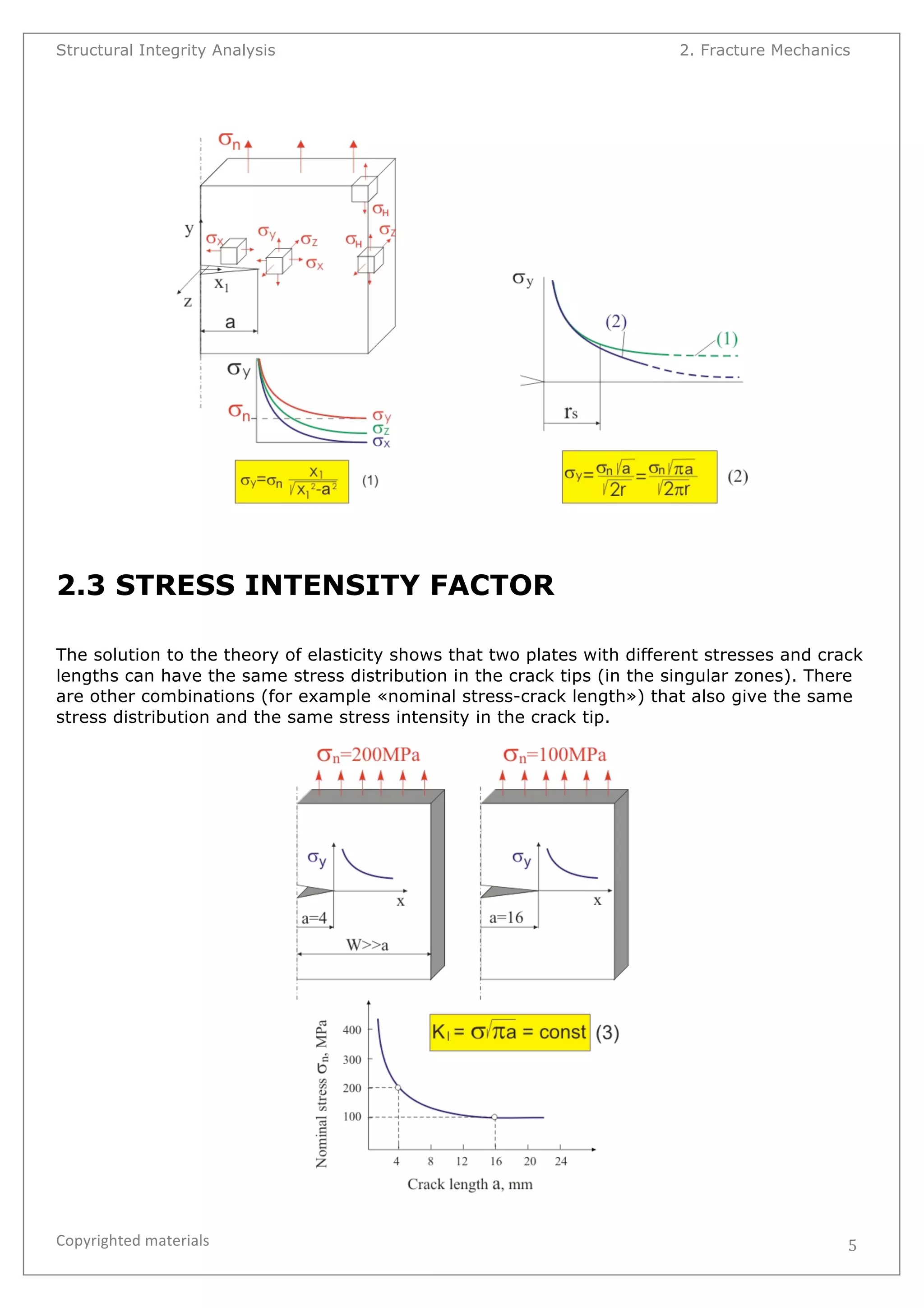 Structural Integrity Analysis 2. Fracture Mechanics 
Copyrighted 
materials 
5 
2.3 STRESS INTENSITY FACTOR 
The solution to the theory of elasticity shows that two plates with different stresses and crack 
lengths can have the same stress distribution in the crack tips (in the singular zones). There 
are other combinations (for example «nominal stress-crack length») that also give the same 
stress distribution and the same stress intensity in the crack tip. 
 