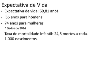 Expectativa de Vida
- Expectativa de vida: 69,81 anos
- 66 anos para homens
- 74 anos para mulheres
* Dados de 2014
- Taxa de mortalidade infantil: 24,5 mortes a cada
1.000 nascimentos
 