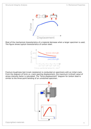 Structural Integrity Analysis 3. Mechanical Properties 
Most of the mechanical characteristics of a material decrease when a larger specimen is used. 
The figure shows typical characteristics of carbon steel. 
Copyrighted materials 
6 
Fracture toughness test (crack resistance) is conducted on specimens with an initial crack. 
From the diagram of force vs. crack opening displacement, the maximum (critical) value of 
stress intensity factor is calculated. The "force-displacement" diagram for carbon steel is 
similar to the three-point bending of an unnotched specimen. 
 