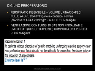 DIGIUNO PREOPERATORIO
• PERSPIRATIO INSENSIBILE + VOLUME URINARIO+FECI
NELLE 24 ORE 20-40ml/kg/die in condizioni normali
(ANZIANO= 1.04-1.25ml/Kg/h – ADULTO 1.67ml/Kg/h)

•

VENTILAZIONE CON FLUSSI DI GAS NON RISCALDATI E
UMIDIFICATI (CIRCUITO APERTO) COMPORTA UNA PERDITA
DI 0,5 ml/Kg/ora

http://pdf/1001013.pdf journal.ics.ac.uk/

 