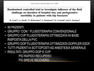 • 90 PAZIENTI
• GRUPPO “CON “ FLUIDOTERAPIA CONVENZIONALE
• GRUPPO CVP FLUIDOTERAPIA OTTIMIZZATA IN BASE
RISPOSTA DELLA PVC
• GRUPPO DOP FLUIDOTERAPIA OTTIMIZZATA DOPPLER ESOF.
• TUTTI PAZIENTI A SOTTOPOSTI AD ANESTESIA GENERALE
• RISULTATI: GRUPPO DOP E CVP
PIÙ RAPIDO RECUPERO
PIÙ BREVE RICOVERO

 