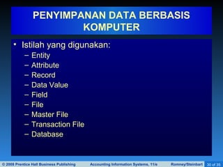 © 2008 Prentice Hall Business Publishing Accounting Information Systems, 11/e Romney/Steinbart 30 of 35
• Istilah yang digunakan:
– Entity
– Attribute
– Record
– Data Value
– Field
– File
– Master File
– Transaction File
– Database
PENYIMPANAN DATA BERBASIS
KOMPUTER
 