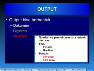 © 2008 Prentice Hall Business Publishing Accounting Information Systems, 11/e Romney/Steinbart 33 of 35
• Output bisa berbentuk:
– Dokumen
– Laporan
– QueriesQueries
OUTPUT
• Queries are permohonan data tertentu
oleh user.
• Sifat:
– Periodik
– One time
• Bentuk:
– soft copy.
– hard copy.
 