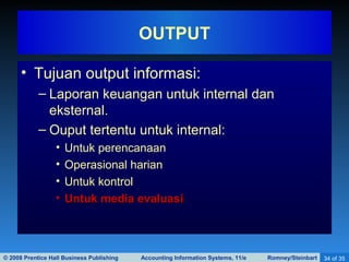 © 2008 Prentice Hall Business Publishing Accounting Information Systems, 11/e Romney/Steinbart 34 of 35
• Tujuan output informasi:
– Laporan keuangan untuk internal dan
eksternal.
– Ouput tertentu untuk internal:
• Untuk perencanaan
• Operasional harian
• Untuk kontrol
• Untuk media evaluasiUntuk media evaluasi
OUTPUT
 
