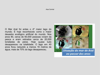 Asia Central
O Mar Aral foi antes o 4º maior lago do
mundo. É hoje reconhecido como o maior
desastre ecológico artificial do mundo. Nos
anos 80, cerca de 60,000 pessoas viviam da
pesca e eram retirados cerca de 20,000
toneladas de peixe. Hoje quase tudo
desapareceu na totalidade. O lago em 40
anos ficou reduzido a menos 16 metros de
água, mais de 70% do lago desapareceu.
 