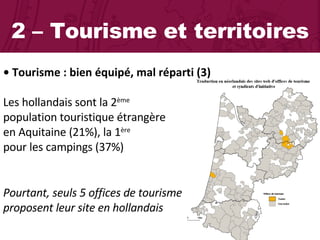 2 – Tourisme et territoires •  Tourisme : bien équipé, mal réparti (3)  Les hollandais sont la 2 ème   population touristique étrangère  en Aquitaine (21%), la 1 ère   pour les campings (37%) Pourtant, seuls 5 offices de tourisme proposent leur site en hollandais 