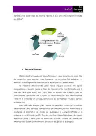 2.
CCA E
COMISSÃO
PARITÁRIA
4.
AVALIADO
1.
EXECUTIVO
3.
AVALIADOR
Acompanhamento aos
intervenientes nas diversas
etapas
SIADAP
1 de
Janeiro de
2010
consequente descrença do sistema vigente, o que dificulta a implementação
do SIADAP.
• Recursos Humanos
Dispomos de um grupo de consultores com vasta experiência neste tipo
de projectos, que apoiam efectivamente as organizações públicas na
melhoria dos seus processos de Gestão e Avaliação do Desempenho.
O trabalho desenvolvido pela nossa equipa consiste em apoio
pedagógico e técnico desde a fase do planeamento, monitorização até à
fase de avaliação tendo em conta que, as sessões de trabalho vão ser
previamente aprovadas em função da disponibilidade dos intervenientes.
Também é fornecido um serviço permanente de contactos e reuniões com os
responsáveis.
Para além das intervenções presenciais previstas, os nossos consultores
desenvolvem uma elevada componente de trabalho prático, fornecendo e
ajudando a preencher as fichas de avaliação e comprometendo-se a
elaborar os relatórios de gestão. Paralelamente é disponibilizado email e apoio
telefónico para a resolução de eventuais dúvidas, análise de alterações,
informação e desenvolvimento dos processos de gestão e avaliação.
 