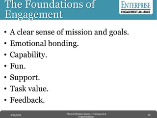 The Foundations of
Engagement
• A clear sense of mission and goals.
• Emotional bonding.
• Capability.
• Fun.
• Support.
• Task value.
• Feedback.
20EEA Certification Series – Collaboration &
Innovation
9/10/2014 EEA Certification Series – Framework &
Implementation
4/14/2014 20
 