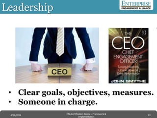 Leadership
• Clear goals, objectives, measures.
• Someone in charge.
23EEA Certification Series – Collaboration &
Innovation
9/10/2014 EEA Certification Series – Framework &
Implementation
4/14/2014 23
 