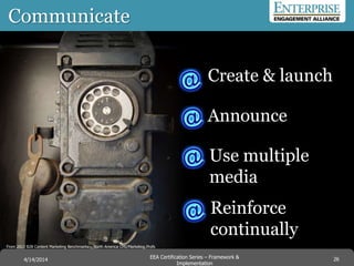 Communicate
From 2013 B2B Content Marketing Benchmarks – North America CMI/Marketing Profs
Create & launch
Announce
Reinforce
continually
Use multiple
media
26EEA Certification Series – Collaboration &
Innovation
9/10/2014 EEA Certification Series – Framework &
Implementation
4/14/2014 26
 