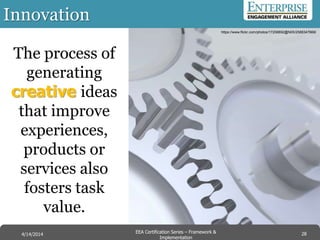 Innovation
The process of
generating
creative ideas
that improve
experiences,
products or
services also
fosters task
value.
https://www.flickr.com/photos/17258892@N05/2588347668/
28EEA Certification Series – Collaboration &
Innovation
9/10/2014 EEA Certification Series – Framework &
Implementation
4/14/2014 28
 