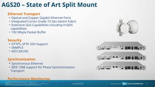 Ethernet Transport
? Optical and Copper Gigabit Ethernet Ports
? Integrated Carrier Grade 72 Gbs Switch Fabric
? Extensive QoS Capabilities including H-QOS
capabilities
? 192 Mbyte Packet Buffer
Security
? HTTPS, SFTP, SSH Support
? SNMPv3
? AES128/256
Synchronisation
? Synchronous Ethernet
? IEEE 1588 support for Phase Synchronization
Transport
Performance Monitoring
? Extensive set of Radio, Ethernet and TDM PM
AGS20 C State of Art Split Mount
7
Confidential
 