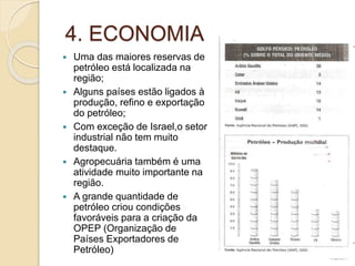 4. ECONOMIA
 Uma das maiores reservas de
petróleo está localizada na
região;
 Alguns países estão ligados à
produção, refino e exportação
do petróleo;
 Com exceção de Israel,o setor
industrial não tem muito
destaque.
 Agropecuária também é uma
atividade muito importante na
região.
 A grande quantidade de
petróleo criou condições
favoráveis para a criação da
OPEP (Organização de
Países Exportadores de
Petróleo)
 