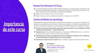 Importancia
de este curso
Razones Para Participar En El Curso
Atentamente,
Ing. Vlado Castañeda Gonzales
Director Académico • R&C Consulting
- Actual Secretario de Coordinación de la Presidencia
de Consejo de Ministros – PCM.
-Actual Gerente Público por SERVIR
SCROLL / siguiente página
La Escuela de Gobierno y Gestión Pública de R&C Consulting, es la institución más reconocida a nivel
nacional y de comprobada trayectoria, cuenta con los mejores profesionales para capacitar los
talleres del SIAF SP y otros relacionados a la administración publica
Diagnóstico de competencias al iniciar las clases.
Brindar soluciones en los problemas de gestión o de registro en el SISTEMA.
Gestión de Métodos de Aprendizaje:
El desarrollo del Programa está basado en la gestión del conocimiento y su impacto en resultados, está
diseñado exclusivamente para servidores y funcionarios públicos, el método de aprendizaje está
basado enelanálisisdeexperienciasycasosaplicadosalarealidadapoyadaenlassiguientesacciones:
Expositiva: Exposición del especialista, siguiendo el siguiente esquema: Proceso de Registro del SEACE
Actualización de la Normativa – experiencia concreta
Experiencia real: Interacción del participante en un laptop con el DEMO del SIAF 2017, en el mismo
se harán prácticas para resolver los ítems de las sesiones.
Participación activa: Genera una experiencia única de intercambio de información, útil y rentable para
la toma de decisiones en la gestión eficaz de los recursos públicos.
Concientiza los impactos de la corrupción directa e indirecta, propicia una lucha frontal del mismo.
 