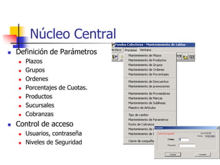 Núcleo Central
   Definición de Parámetros
       Plazos
       Grupos
       Ordenes
       Porcentajes de Cuotas.
       Productos
       Sucursales
       Cobranzas
   Control de acceso
       Usuarios, contraseña
       Niveles de Seguridad
 