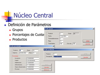 Núcleo Central
   Definición de Parámetros
       Grupos
       Porcentajes de Cuotas.
       Productos
 