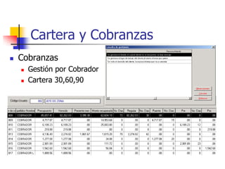 Cartera y Cobranzas
   Cobranzas
       Gestión por Cobrador
       Cartera 30,60,90
 