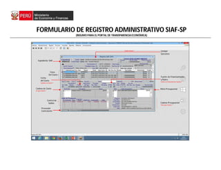 Expediente SIAF
Fases
Del Gasto
Unidad
Ejecutora
Control de
Saldos
Proveedor
Contratante
Cadena Presupuestal
Para que Gasta ?
Cadena de Gasto
En qué Gasta ?
Quién Gasta ?
Fuente de Financiamiento
y Rubro
Cómo se Financian los Gastos ?
Cuándo se Gasta ?
Fecha
del Gasto
FORMULARIO DE REGISTRO ADMINISTRATIVO SIAF-SP
(INSUMO PARA EL PORTAL DE TRANSPARENCIA ECONÓMICA)
Meta Presupuestal
 