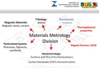 Biomaterials: 
Implants 
Particulated System: 
Pharmaco, Pigments, 
nanofluids 
Materials Metrology 
Division 
Organic Devices: OLED 
Tribology: 
Magnetic Materials: Biofuel 
Magnetic steels, sensors Thermophysical 
properties 
 
