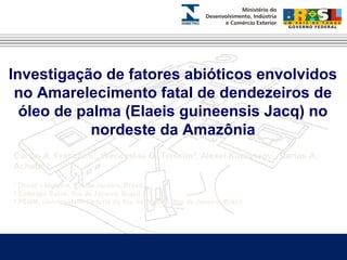 Investigação de fatores abióticos envolvidos 
no Amarelecimento fatal de dendezeiros de 
óleo de palma (Elaeis guineensis Jacq) no 
nordeste da Amazônia 
Carlos A. Franchini1, Wenceslau G. Teixeira2, Alexei Kuznetsov1, Carlos A. 
Achete1,3 
1 Dimat – Inmetro, Rio de Janeiro, Brasil. 
2 Embrapa Solos, Rio de Janeiro, Brasil. 
3 PEMM, Universidade Federal do Rio de Janeiro, Rio de Janeiro, Brasil 
 