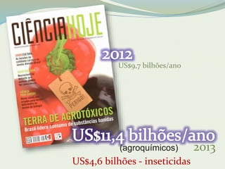 US$9,7 bilhões/ano 
(agroquímicos) 
2013 
US$4,6 bilhões - inseticidas 
 