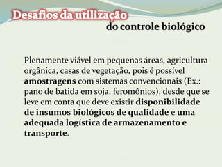 do controle biológico 
Plenamente viável em pequenas áreas, agricultura 
orgânica, casas de vegetação, pois é possível 
amostragens com sistemas convencionais (Ex.: 
pano de batida em soja, feromônios), desde que se 
leve em conta que deve existir disponibilidade 
de insumos biológicos de qualidade e uma 
adequada logística de armazenamento e 
transporte. 
 