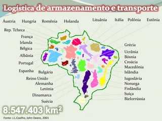 Áustria Hungria Romênia Holanda Lituânia Itália Polônia Estônia 
Fonte: J.L.Coelho, John Deere, 2001 
Grécia 
Ucrânia 
Bósnia 
Croácia 
Macedônia 
Islândia 
Iugoslávia 
Noruega 
Finlândia 
Suíça 
Bielorrússia 
Rep. Tcheca 
França 
Irlanda 
Bélgica 
Albânia 
Portugal 
Espanha Bulgária 
Reino Unido 
Alemanha 
Letónia 
Dinamarca 
Suécia 
 
