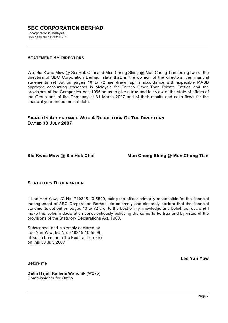 SBC Corporation Berhad: Annual Audited Accounts 2007