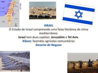 ISRAEL
O Estado de Israel compreende uma faixa litorânea de clima
mediterrâneo.
Israel tem duas capitais: Jerusalém e Tel Aviv.
Kibutz: fazendas agrícolas comunitárias
Deserto de Neguev
 