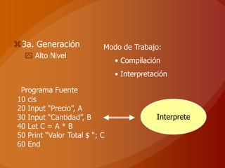 3a. Generación            Modo de Trabajo:
   Alto Nivel
                               • Compilación
                               • Interpretación

 Programa Fuente
10 cls
20 Input “Precio”, A
30 Input “Cantidad”, B                     Interprete
40 Let C = A * B
50 Print “Valor Total $ “; C
60 End
 