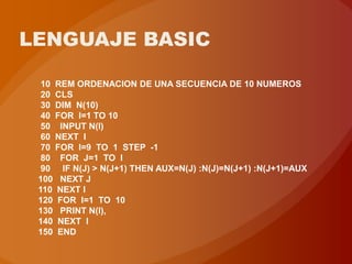LENGUAJE BASIC

  10 REM ORDENACION DE UNA SECUENCIA DE 10 NUMEROS
  20 CLS
  30 DIM N(10)
  40 FOR I=1 TO 10
  50 INPUT N(I)
  60 NEXT I
  70 FOR I=9 TO 1 STEP -1
  80 FOR J=1 TO I
  90 IF N(J) > N(J+1) THEN AUX=N(J) :N(J)=N(J+1) :N(J+1)=AUX
 100 NEXT J
 110 NEXT I
 120 FOR I=1 TO 10
 130 PRINT N(I),
 140 NEXT I
 150 END
 