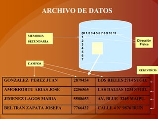 ARCHIVO DE DATOS


                           00 1 2 3 4 5 6 7 8 9 10 11
        MEMORIA            1
        SECUNDARIA         2                            Dirección
                           3                             Física
                           4       DATOS
                           5
                           6
                           7
        CAMPOS

                                                        REGISTROS


GONZALEZ PEREZ JUAN     2879454       LOS RIELES 2714 STGO.

AMORRORTU ARIAS JOSE    2256565       LAS DALIAS 1234 STGO.

JIMENEZ LAGOS MARIA     5588653       AV. BLUE 3245 MAIPU.

BELTRAN ZAPATA JOSEFA   7766432       CALLE 4 Nº 9876 BUIN
 