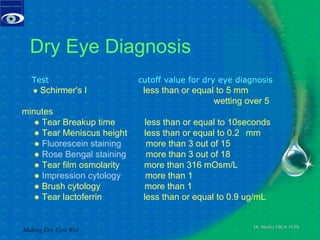 Dry Eye Diagnosis Making Dry Eyes Wet Test                                         cutoff value for dry eye diagnosis        ●  Schirmer's I                      less than or equal to 5 mm  wetting over 5 minutes      ● Tear Breakup time           less than or equal to 10seconds      ● Tear Meniscus height      less than or equal to 0.2  mm      ●  Fluorescein staining          more than 3 out of 15      ●  Rose Bengal staining        more than 3 out of 18      ● Tear film osmolarity         more than 316 mOsm/L      ●  Impression cytology          more than 1      ● Brush cytology                 more than 1      ● Tear lactoferrin                less than or equal to 0.9 ug/mL  