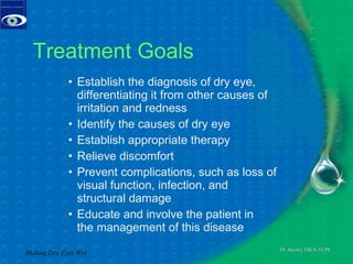 Treatment Goals Establish the diagnosis of dry eye, differentiating it from other causes of irritation and redness   Identify the causes of dry eye  Establish appropriate therapy  Relieve discomfort  Prevent complications, such as loss of visual function, infection, and structural damage  Educate and involve the patient in the management of this disease Making Dry Eyes Wet 