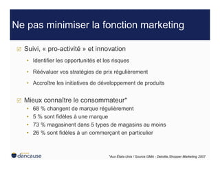 Ne pas minimiser la fonction marketing

     Suivi, « pro-activité » et innovation
      •  Identifier les opportunités et les risques

      •  Réévaluer vos stratégies de prix régulièrement

      •  Accroître les initiatives de développement de produits


     Mieux connaître le consommateur*
      •    68 % changent de marque régulièrement
      •    5 % sont fidèles à une marque
      •    73 % magasinent dans 5 types de magasins au moins
      •    26 % sont fidèles à un commerçant en particulier



                                         *Aux États-Unis / Source GMA - Deloitte,Shopper Marketing 2007
 