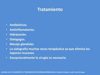 Tratamiento

      • Antibióticos.
      • Antiinflamatorios.
      • Hidratación.
      • Sialogogos.
      • Masaje glandular.
      • La sialografía muchas veces terapéutica ya que elimina los
        tapones mucosos.
      • Excepcionalmente la cirugía es necesaria.



LALWANI, Anil K. DIAGNOSTICO Y TRATAMIENTO EN OTORRINOLARINGOLOGIA, Cirugía de Cabeza y Cuello .2da Ed.Lange.
 