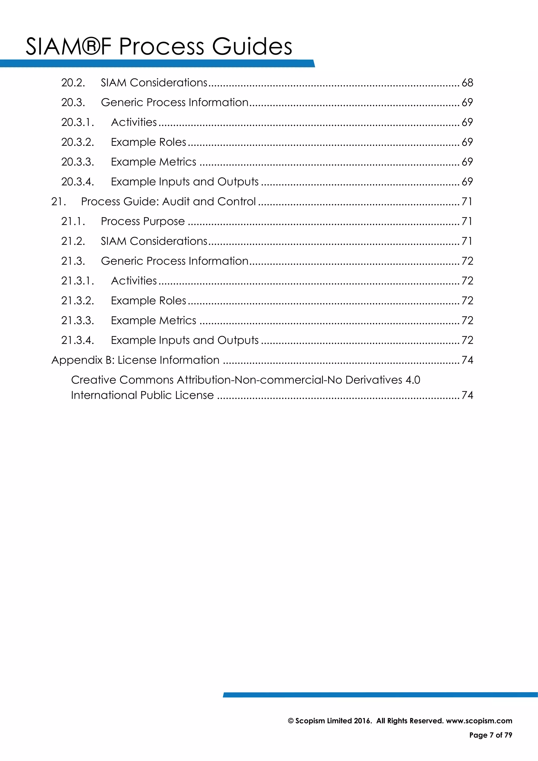 SIAM®F Process Guides
© Scopism Limited 2016. All Rights Reserved. www.scopism.com
Page 7 of 79
20.2. SIAM Considerations......................................................................................68
20.3. Generic Process Information........................................................................69
20.3.1. Activities.......................................................................................................69
20.3.2. Example Roles.............................................................................................69
20.3.3. Example Metrics .........................................................................................69
20.3.4. Example Inputs and Outputs ....................................................................69
21. Process Guide: Audit and Control .....................................................................71
21.1. Process Purpose .............................................................................................71
21.2. SIAM Considerations......................................................................................71
21.3. Generic Process Information........................................................................72
21.3.1. Activities.......................................................................................................72
21.3.2. Example Roles.............................................................................................72
21.3.3. Example Metrics .........................................................................................72
21.3.4. Example Inputs and Outputs ....................................................................72
Appendix B: License Information .................................................................................74
Creative Commons Attribution-Non-commercial-No Derivatives 4.0
International Public License ...................................................................................74
 