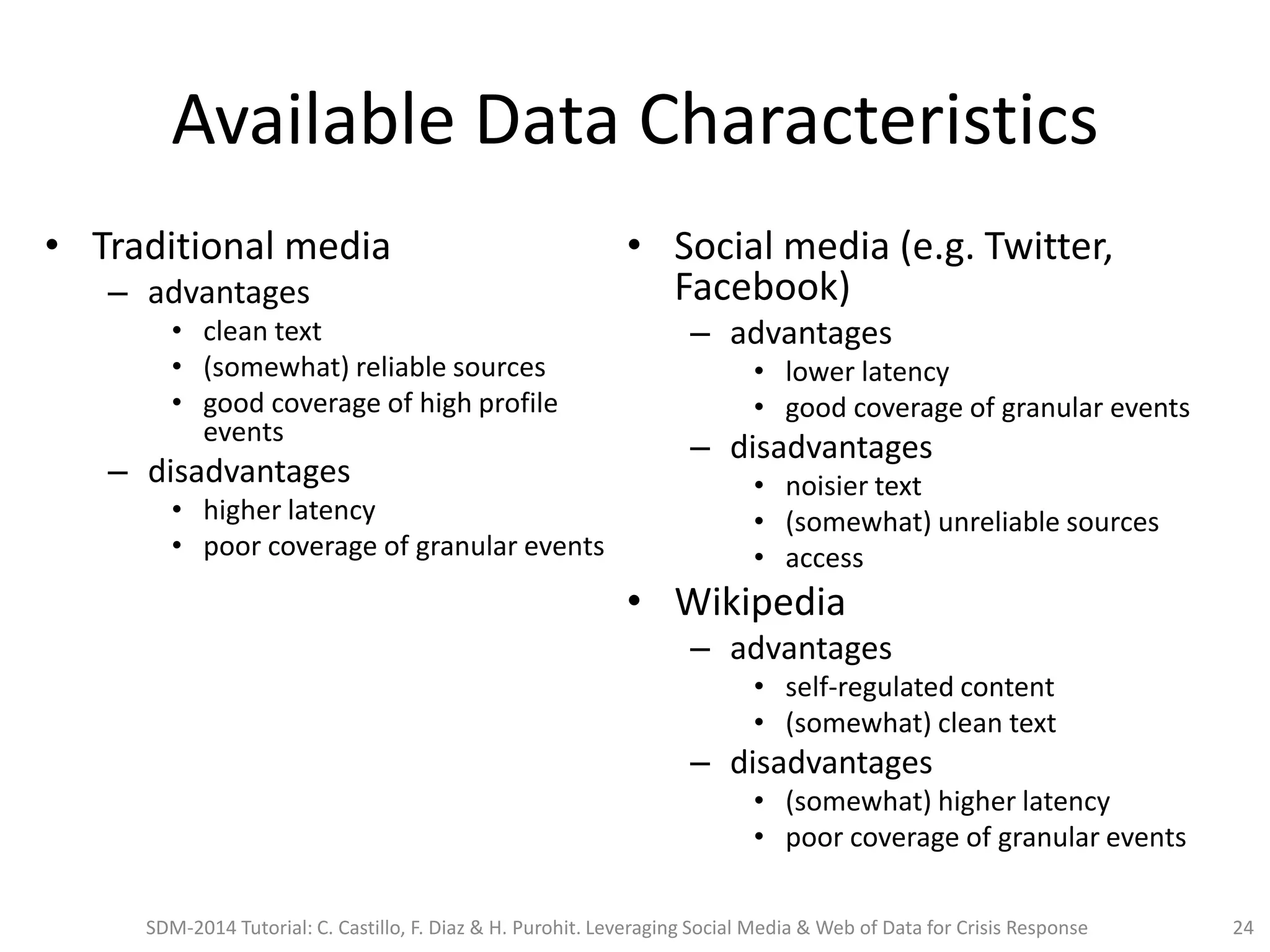 Available Data Characteristics
• Traditional media
– advantages
• clean text
• (somewhat) reliable sources
• good coverage of high profile
events
– disadvantages
• higher latency
• poor coverage of granular events
• Social media (e.g. Twitter,
Facebook)
– advantages
• lower latency
• good coverage of granular events
– disadvantages
• noisier text
• (somewhat) unreliable sources
• access
• Wikipedia
– advantages
• self-regulated content
• (somewhat) clean text
– disadvantages
• (somewhat) higher latency
• poor coverage of granular events
SDM-2014 Tutorial: C. Castillo, F. Diaz & H. Purohit. Leveraging Social Media & Web of Data for Crisis Response 24
 