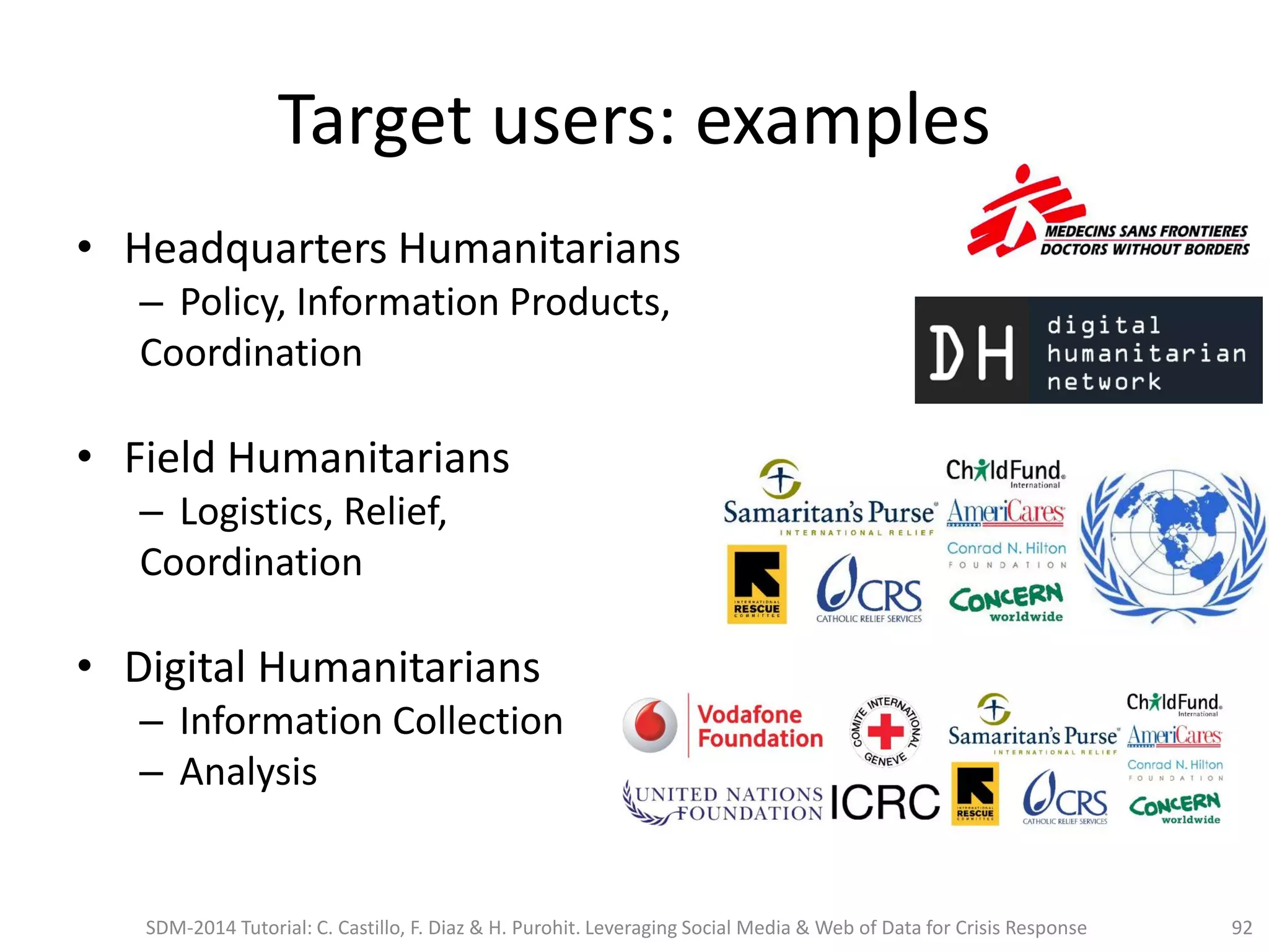 Target users: examples
• Headquarters Humanitarians
– Policy, Information Products,
Coordination
• Field Humanitarians
– Logistics, Relief,
Coordination
• Digital Humanitarians
– Information Collection
– Analysis
92SDM-2014 Tutorial: C. Castillo, F. Diaz & H. Purohit. Leveraging Social Media & Web of Data for Crisis Response
 