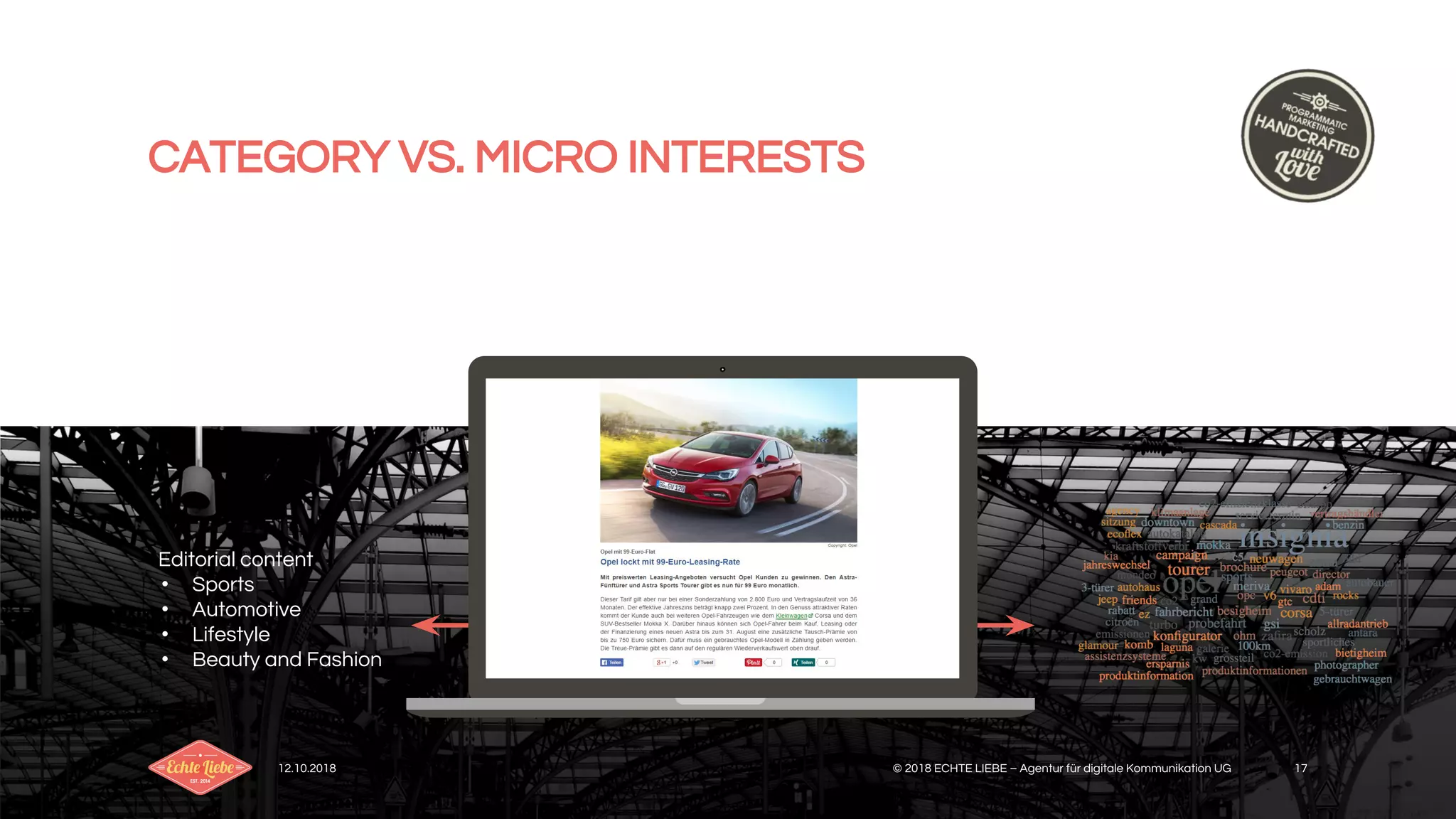 CATEGORY VS. MICRO INTERESTS
12.10.2018 © 2018 ECHTE LIEBE – Agentur für digitale Kommunikation UG 17
Editorial content
• Sports
• Automotive
• Lifestyle
• Beauty and Fashion
 
