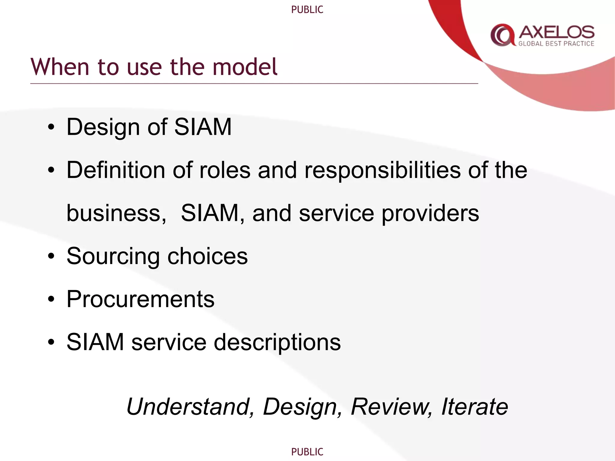 PUBLIC
PUBLIC
When to use the model
• Design of SIAM
• Definition of roles and responsibilities of the
business, SIAM, and service providers
• Sourcing choices
• Procurements
• SIAM service descriptions
Understand, Design, Review, Iterate
 