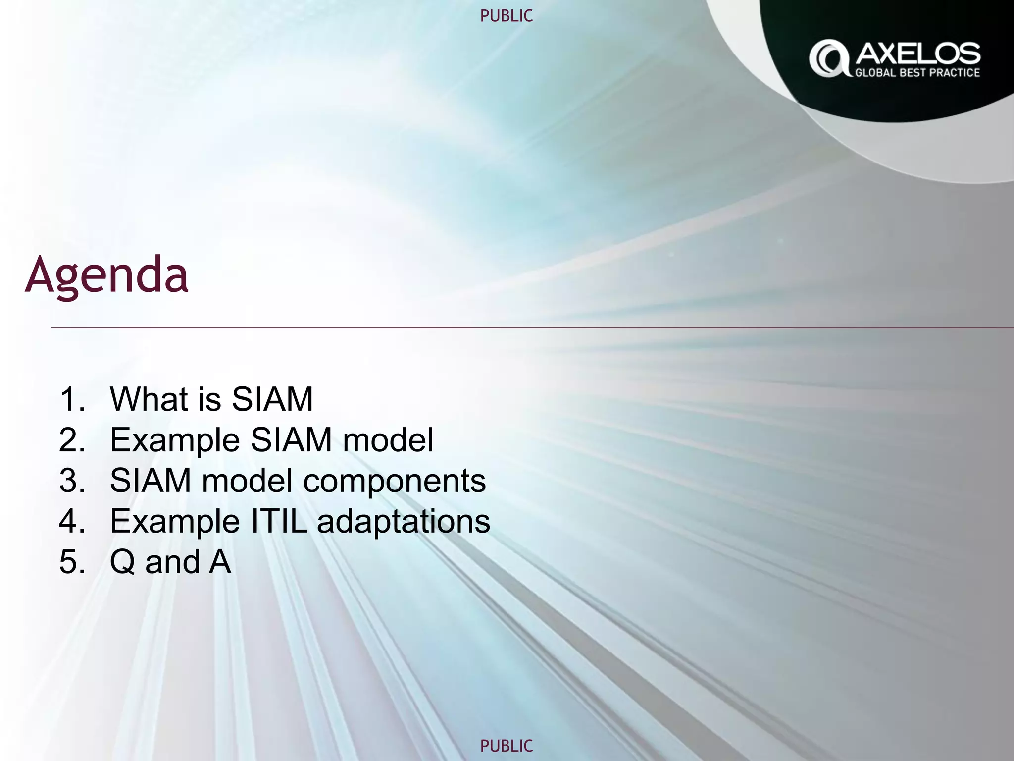 PUBLIC
PUBLIC
Agenda
1. What is SIAM
2. Example SIAM model
3. SIAM model components
4. Example ITIL adaptations
5. Q and A
 