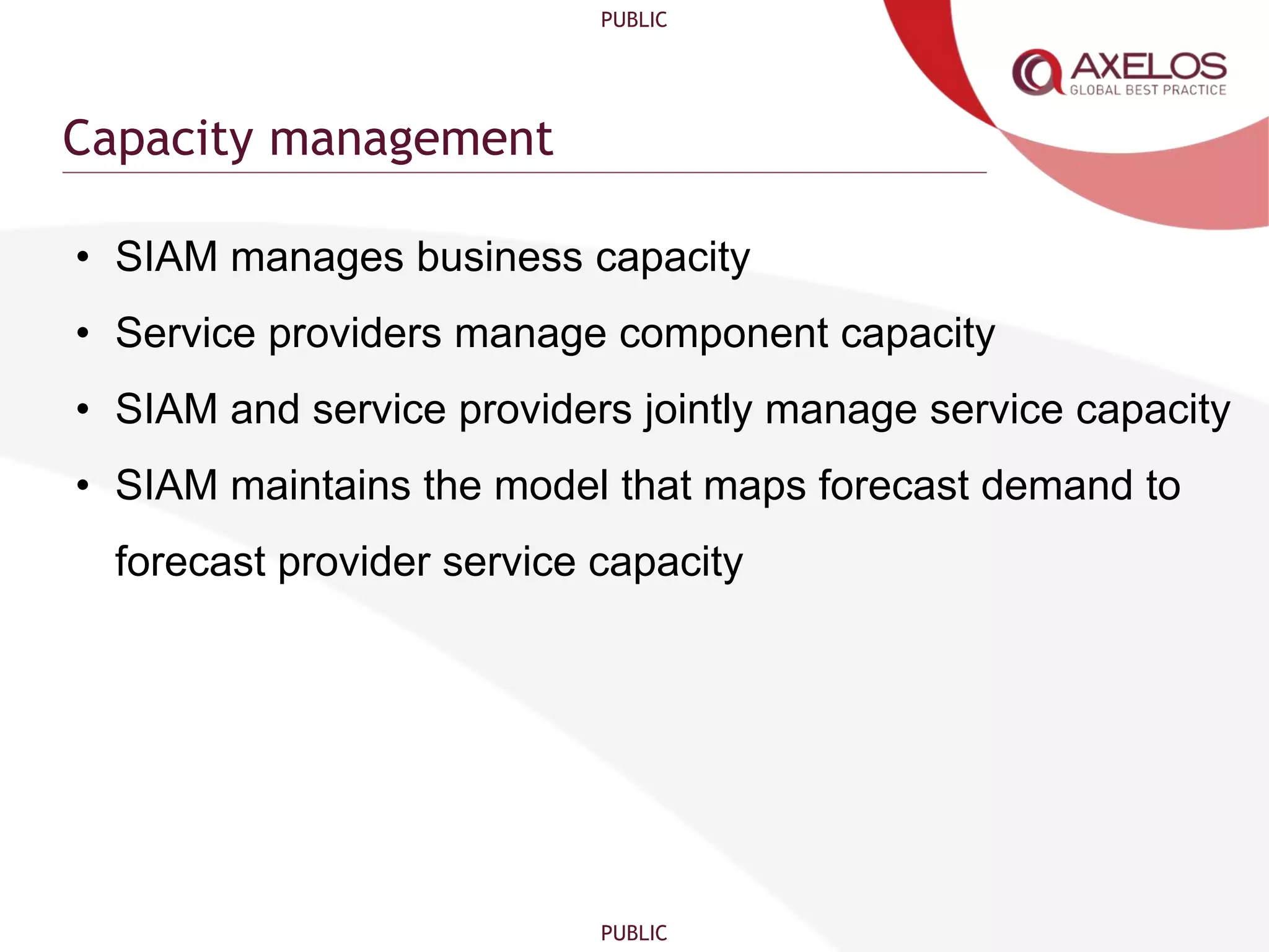 PUBLIC
PUBLIC
Capacity management
• SIAM manages business capacity
• Service providers manage component capacity
• SIAM and service providers jointly manage service capacity
• SIAM maintains the model that maps forecast demand to
forecast provider service capacity
 