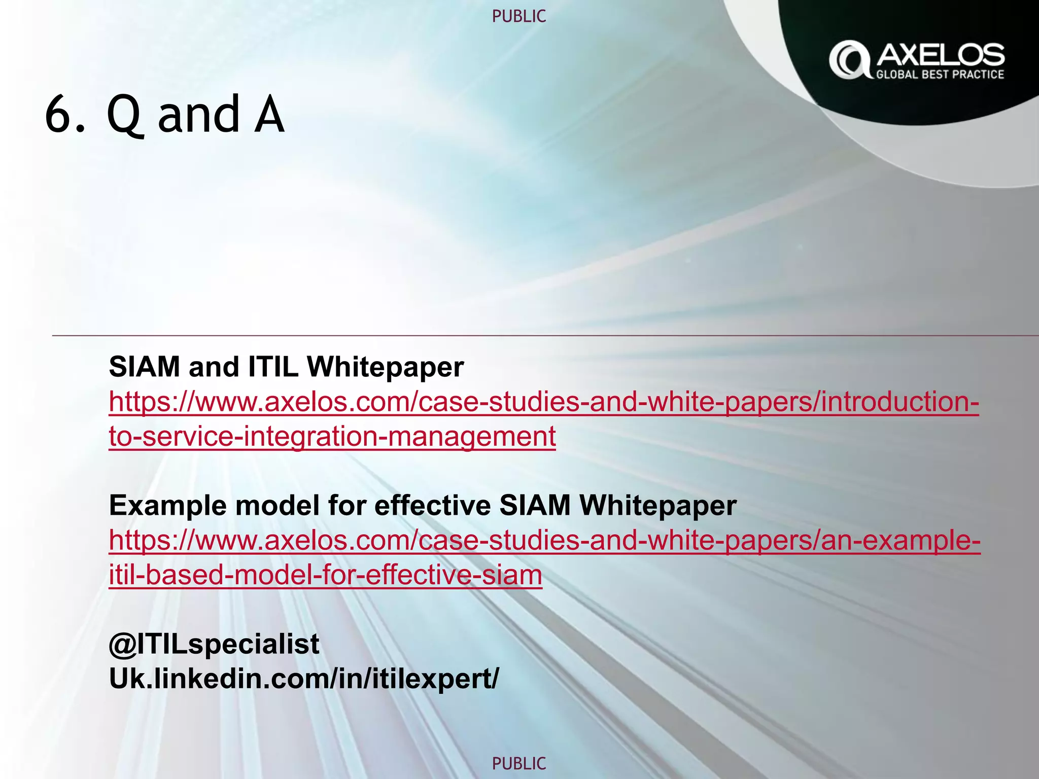 PUBLIC
PUBLIC
6. Q and A
SIAM and ITIL Whitepaper
https://www.axelos.com/case-studies-and-white-papers/introduction-
to-service-integration-management
Example model for effective SIAM Whitepaper
https://www.axelos.com/case-studies-and-white-papers/an-example-
itil-based-model-for-effective-siam
@ITILspecialist
Uk.linkedin.com/in/itilexpert/
 