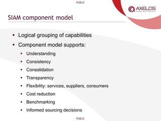PUBLIC
PUBLIC
SIAM component model
 Logical grouping of capabilities
 Component model supports:
 Understanding
 Consistency
 Consolidation
 Transparency
 Flexibility: services, suppliers, consumers
 Cost reduction
 Benchmarking
 Informed sourcing decisions
 