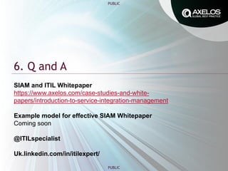 PUBLIC
PUBLIC
6. Q and A
SIAM and ITIL Whitepaper
https://www.axelos.com/case-studies-and-white-
papers/introduction-to-service-integration-management
Example model for effective SIAM Whitepaper
Coming soon
@ITILspecialist
Uk.linkedin.com/in/itilexpert/
 