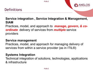 PUBLIC
PUBLIC
Definitions
Service integration , Service Integration & Management,
SIAM
Practices, model, and approach to manage, govern, & co-
ordinate delivery of services from multiple service
providers
Service management
Practices, model, and approach for managing delivery of
services from within a service provider (as in ITIL®)
Systems Integration
Technical integration of solutions, technologies, applications
& infrastructure
 