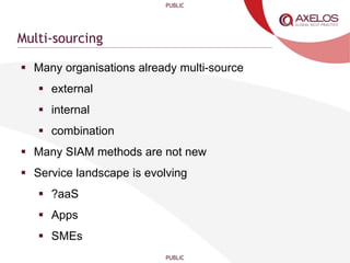 PUBLIC
PUBLIC
Multi-sourcing
 Many organisations already multi-source
 external
 internal
 combination
 Many SIAM methods are not new
 Service landscape is evolving
 ?aaS
 Apps
 SMEs
 